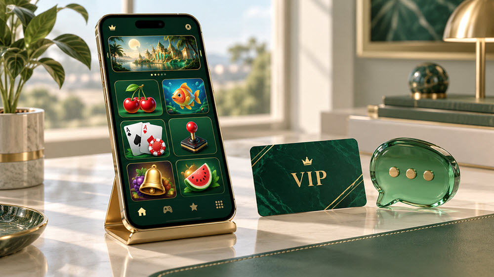 手機遊戲入口搭配VIP卡片與對話氣泡的會員功能示意圖
