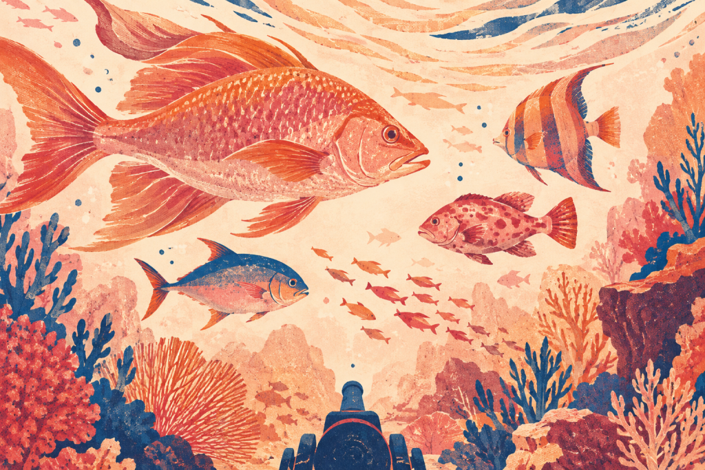 不同體型魚群與海底砲台的捕魚遊戲概念插畫