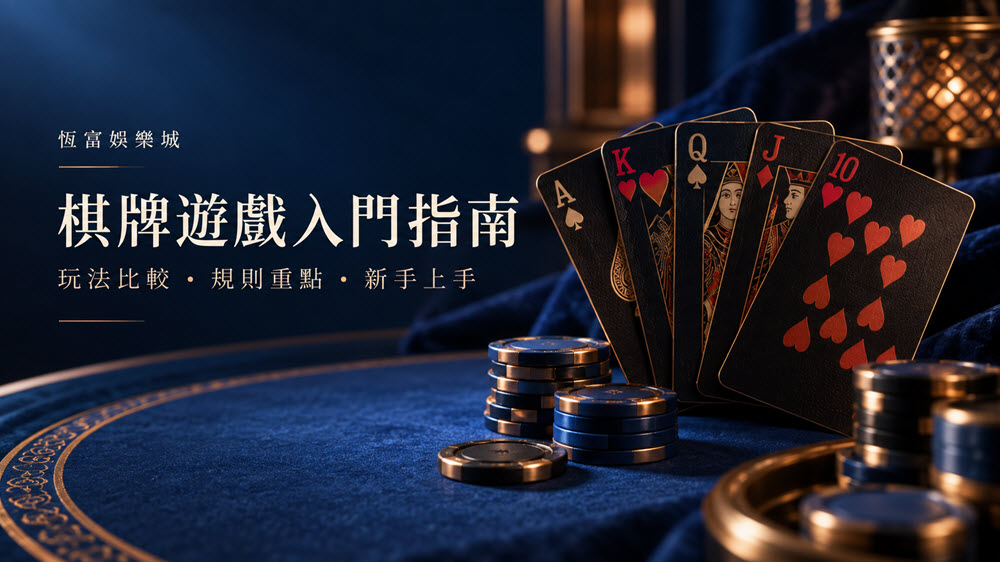 深藍牌桌搭配撲克牌與恆富娛樂城棋牌遊戲入門指南標題