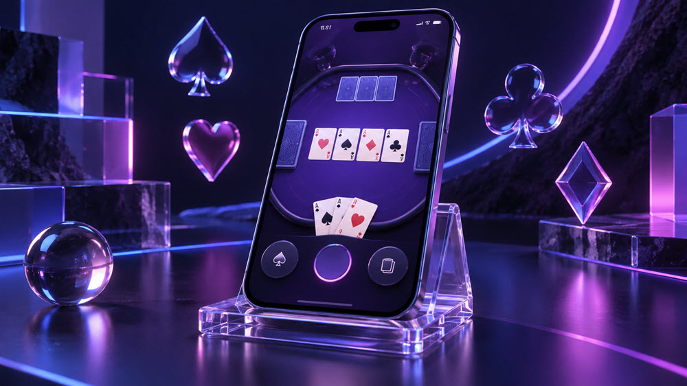 紫藍色霓虹光線中的手機棋牌遊戲概念畫面