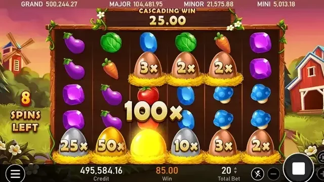 開心農場連消中，蛋形乘數符號標著 2x 到 100x，左側顯示剩餘 8 轉