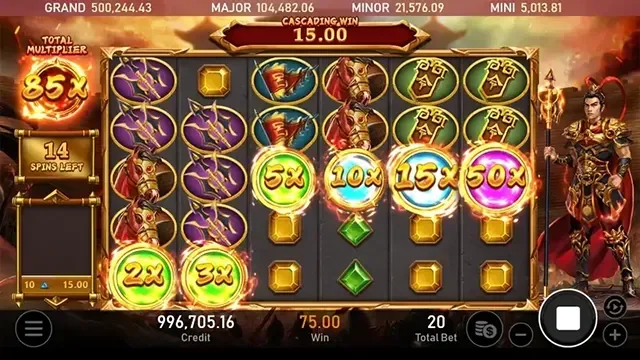 戰神呂布免費遊戲盤面浮著 2X 至 50X 的倍數晶球，左側顯示剩餘 14 轉