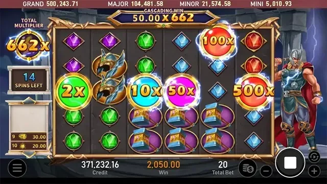 雷神之錘免費遊戲中累計總倍數 662x，盤面浮著 2x 至 500x 的倍數球