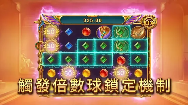戰神賽特 2：覺醒之力盤面消除中，綠寶石連成一片高亮，左右兩側浮著 150 倍的倍數球，上方贏分 325.00